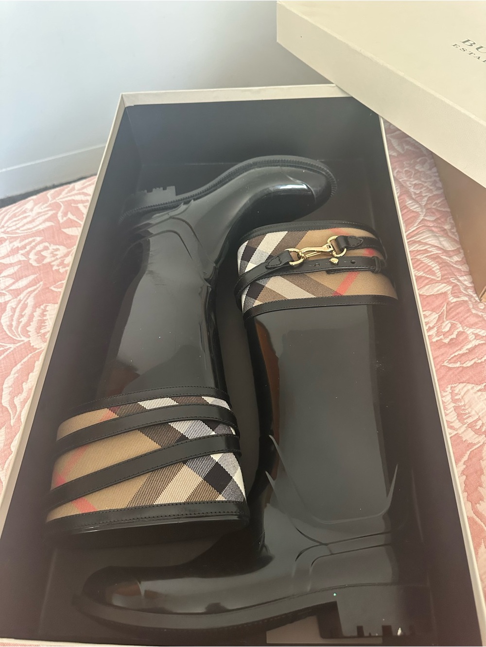 Burberry Black Gloss Finish Rain Boots with Signature Check Cuff